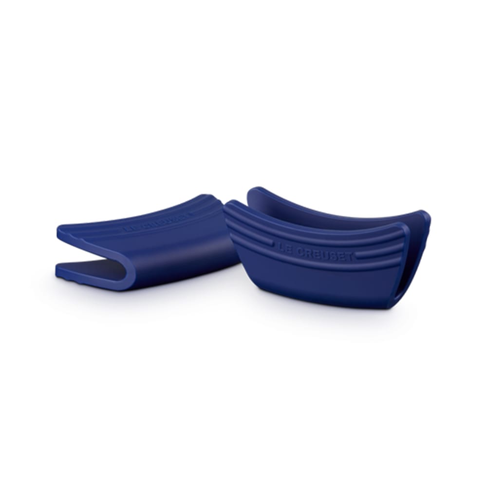 Two blue silicone clips on a white background