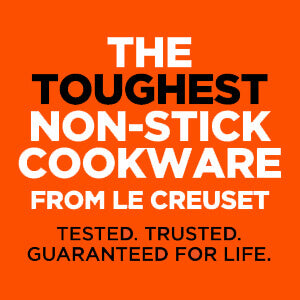 Advertisement for Le Creuset non-stick cookware on an orange background