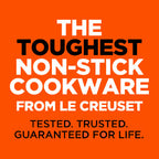 Advertisement for Le Creuset non-stick cookware on an orange background