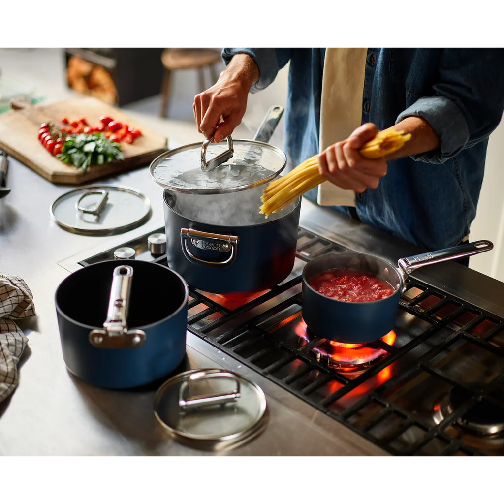 Joseph Joseph Space Stack 3-Piece Folding Handle Non-Stick Blue Saucepan Set with Lid Storage - 1000062