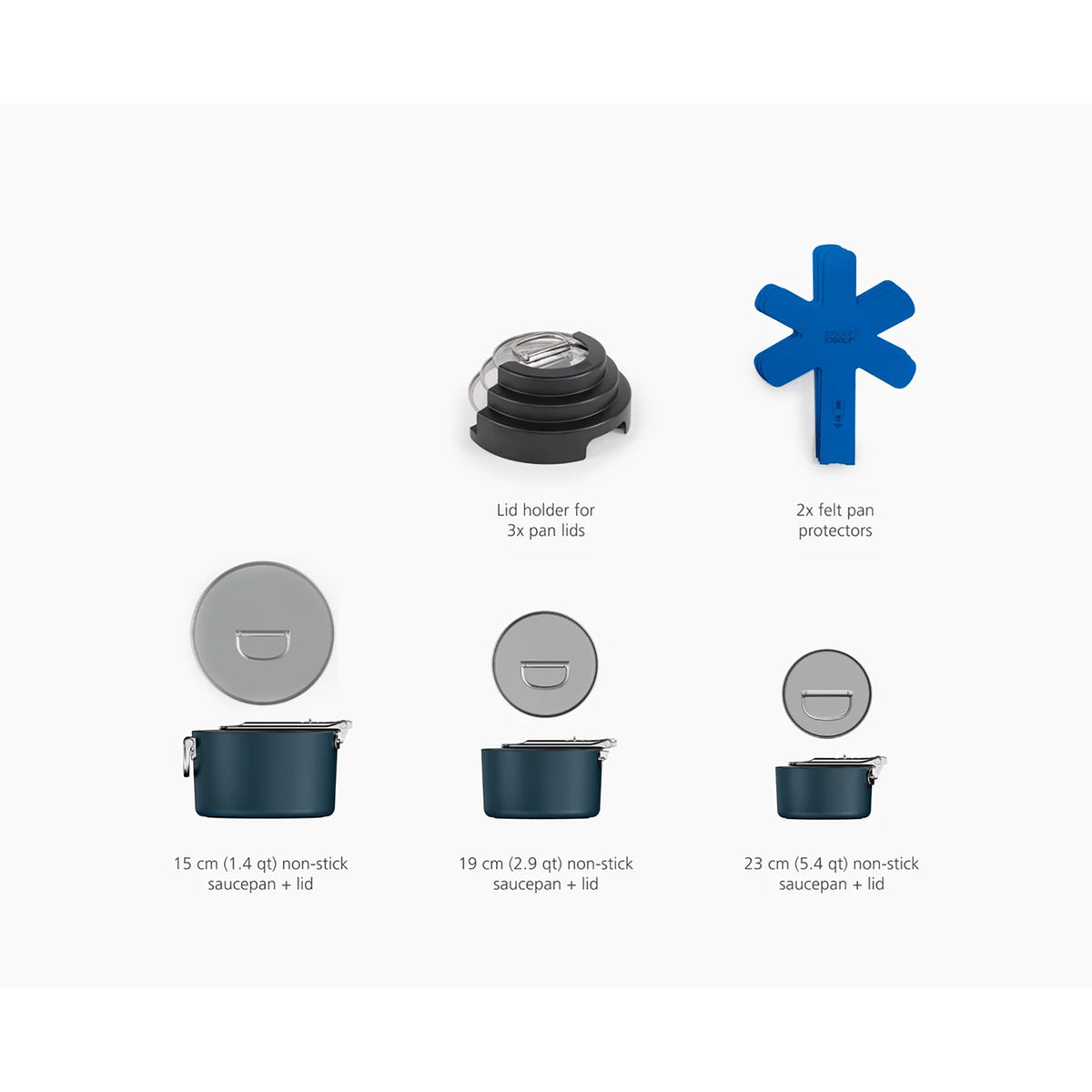 Joseph Joseph Space Stack 3-Piece Folding Handle Non-Stick Blue Saucepan Set with Lid Storage - 1000062