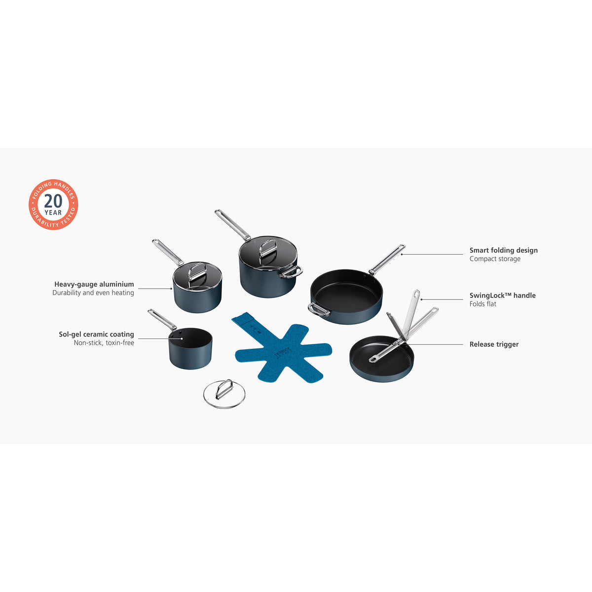 Joseph Joseph Space Folding Handle Non-Stick 5-Piece Blue Cookware Set - 1000073