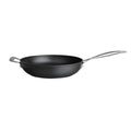 Black frying pan with silver handles on a white background