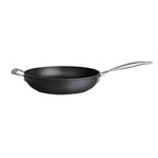 Black frying pan with silver handles on a white background
