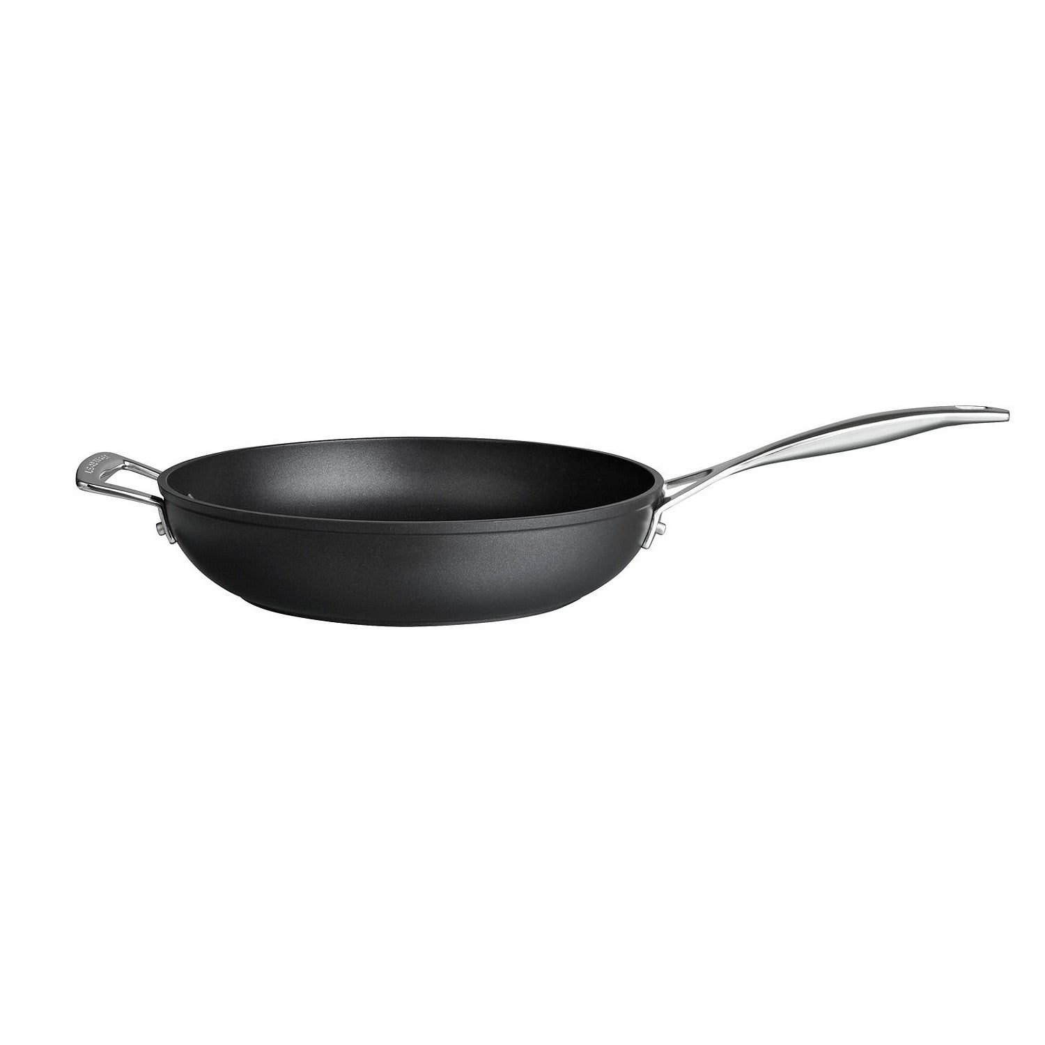 Black frying pan with silver handles on a white background