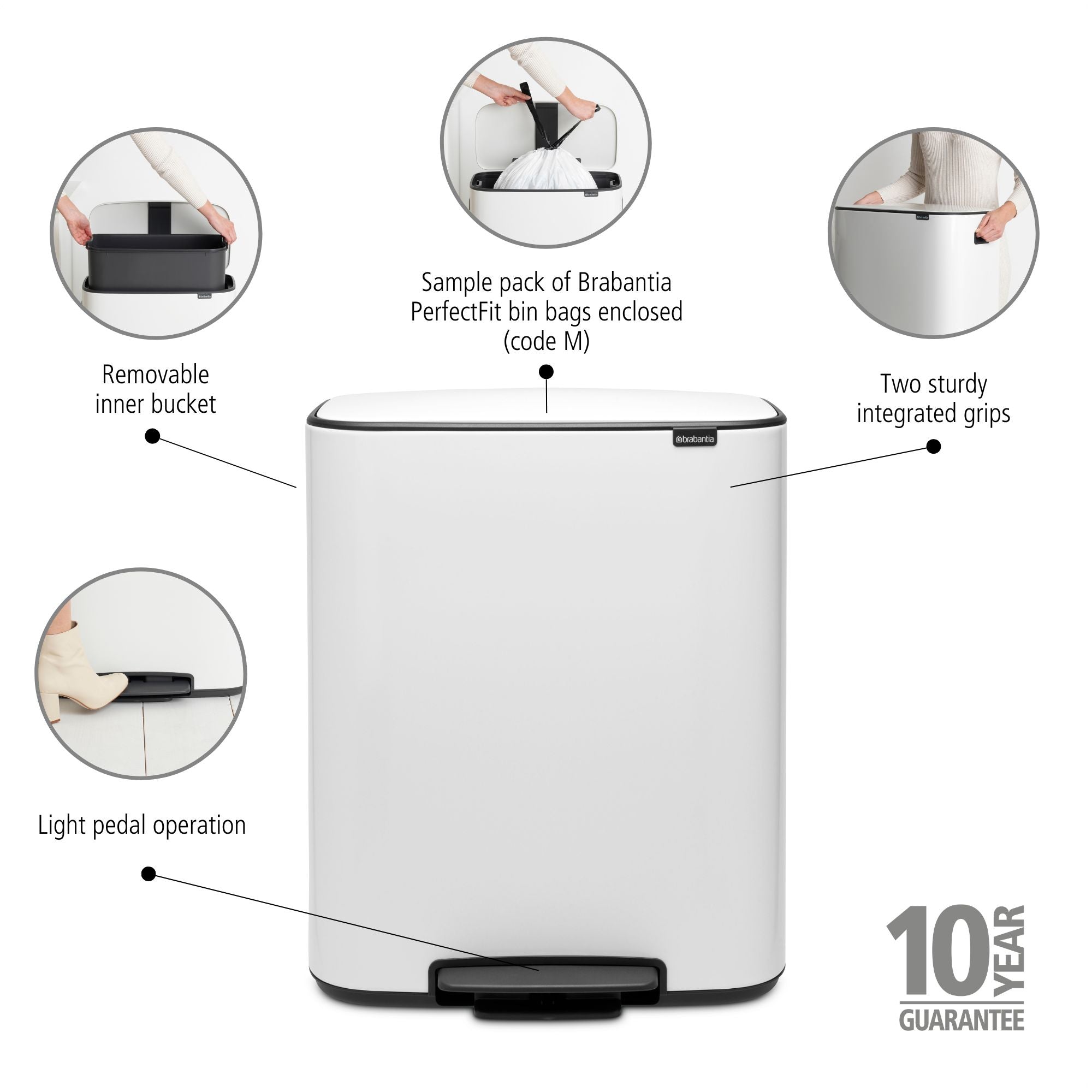 Brabantia Bo 60L Single Compartment Pedal Bin - White (211300)