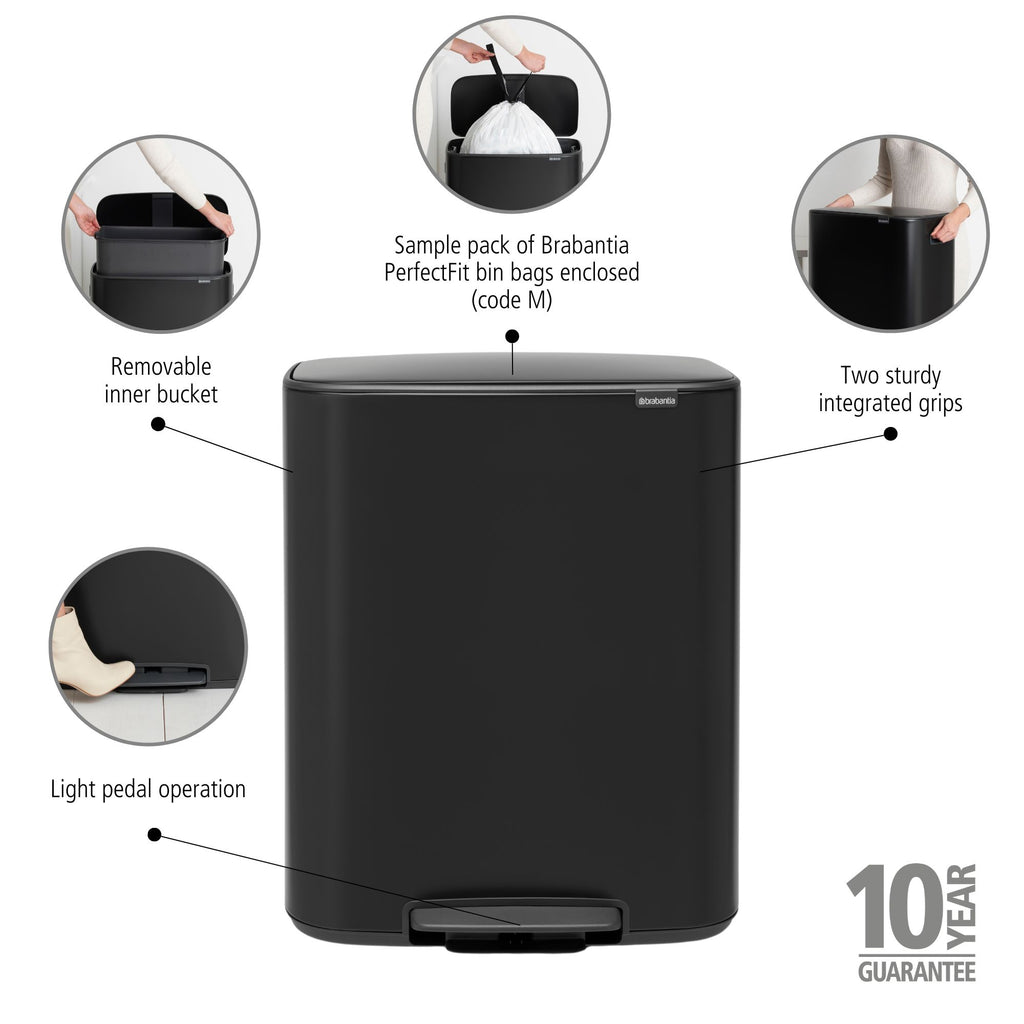Brabantia Bo 60L Single Compartment Pedal Bin - Matt Black (211362)