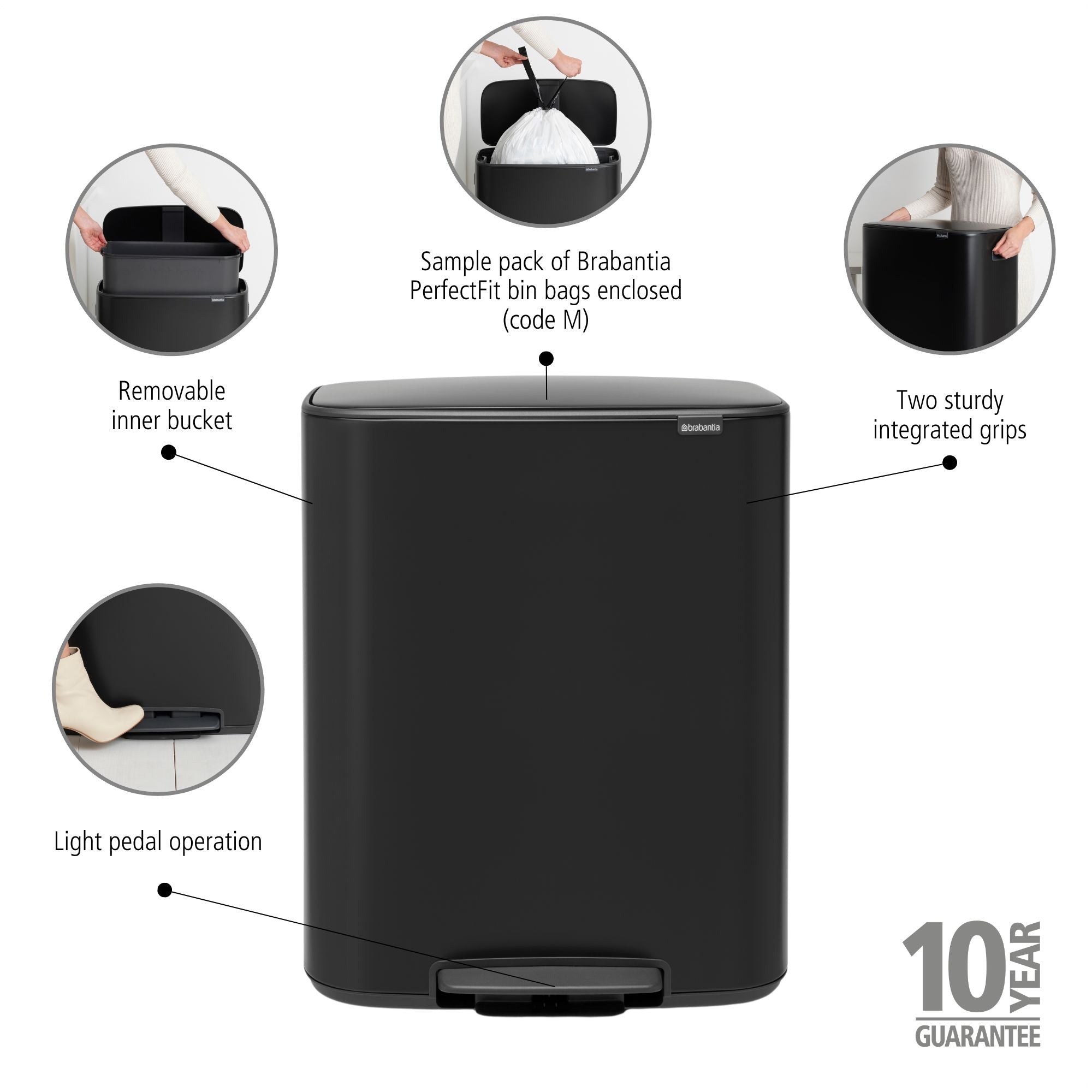 Brabantia Bo 60L Single Compartment Pedal Bin - Matt Black (211362)