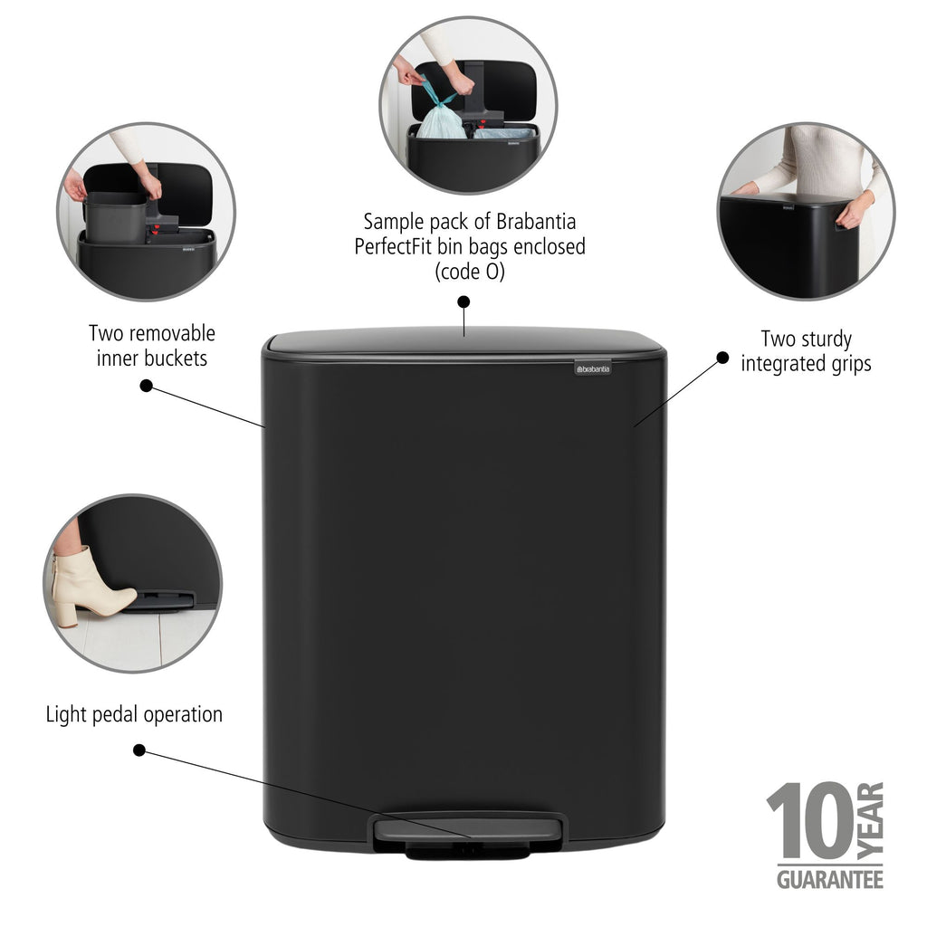 Brabantia Bo 2 x 30L Dual Compartment Pedal Bin - Matt Black (211508)