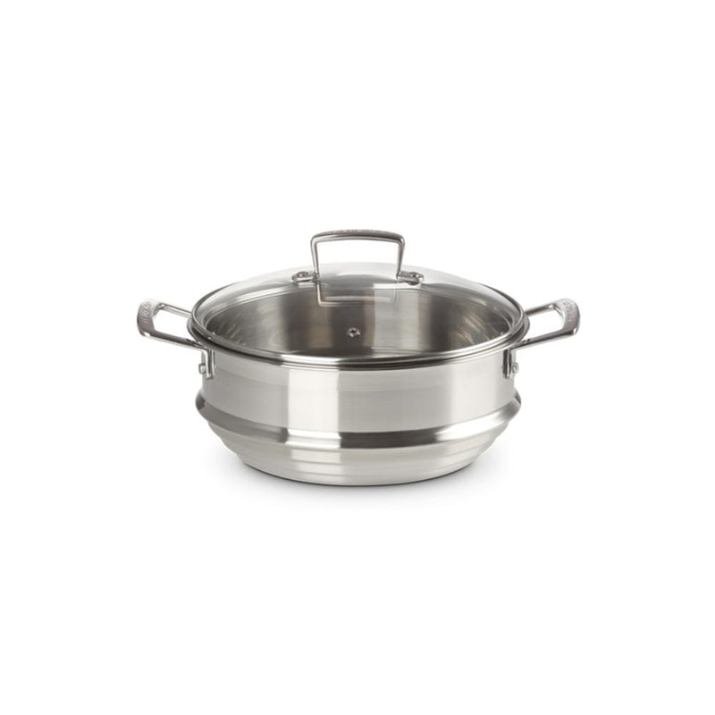 3-ply Stainless steel stea merwith lid on a white background