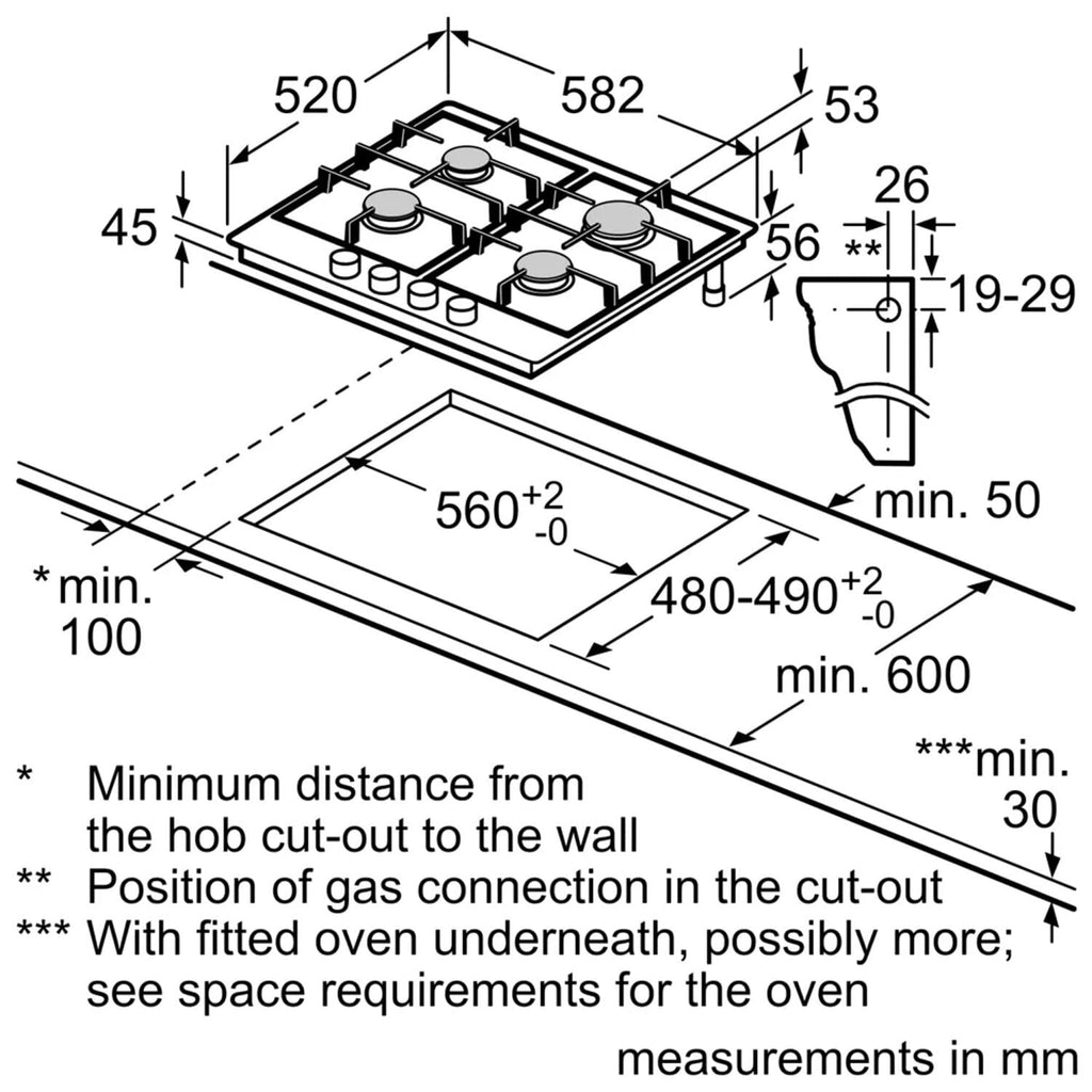 Bosch PGP6B5K90 4 Burner Built In Gas Hob with Rotary Controls, Stainless Steel with Cast Iron Pan Supports image 3