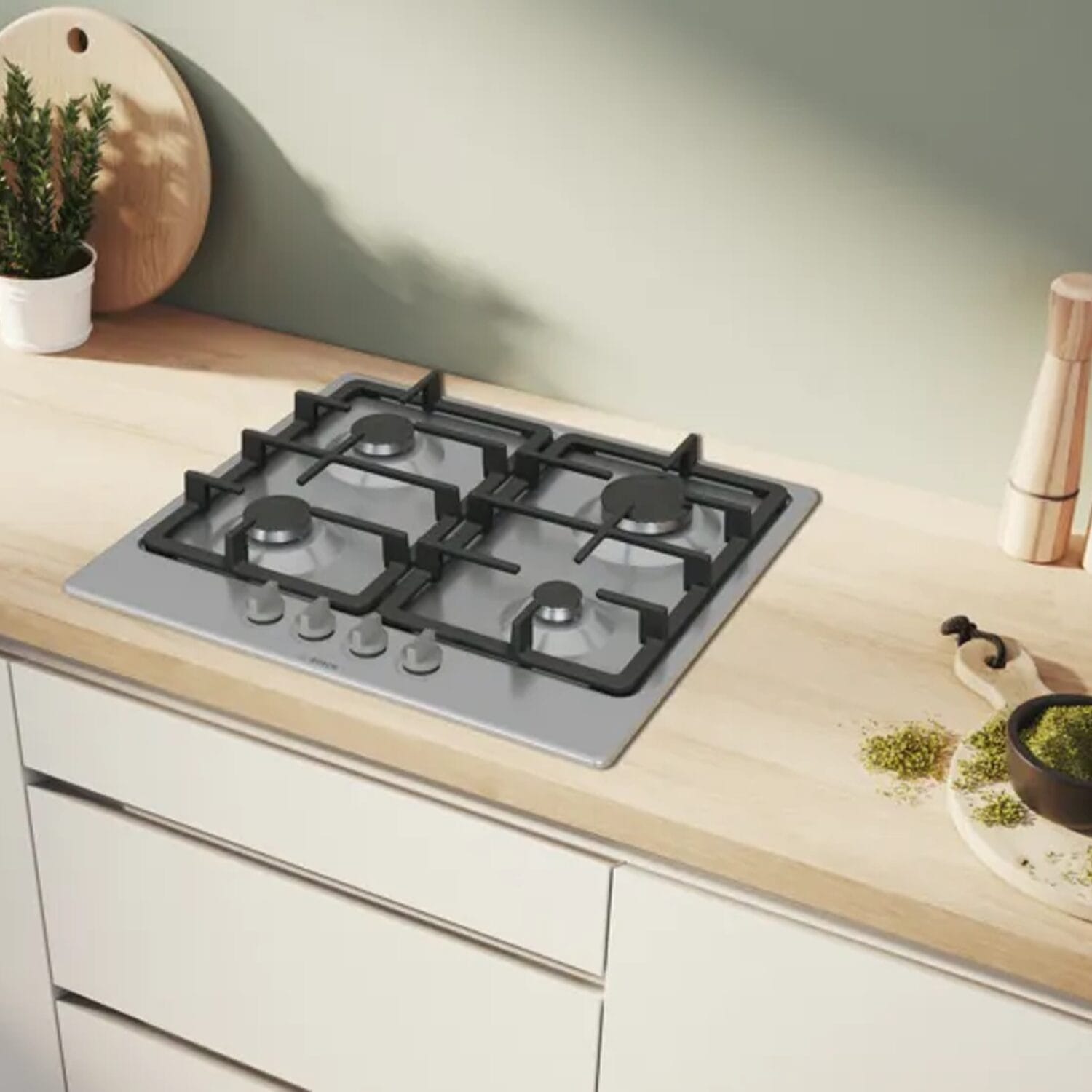 Bosch PGP6B5K90 4 Burner Built In Gas Hob with Rotary Controls, Stainless Steel with Cast Iron Pan Supports image 2