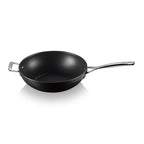 Black stir-fry pan with a silver handle on a white background