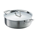 Stainless steel sauteuse with lid on a white background