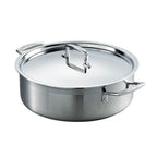 Stainless steel sauteuse with lid on a white background