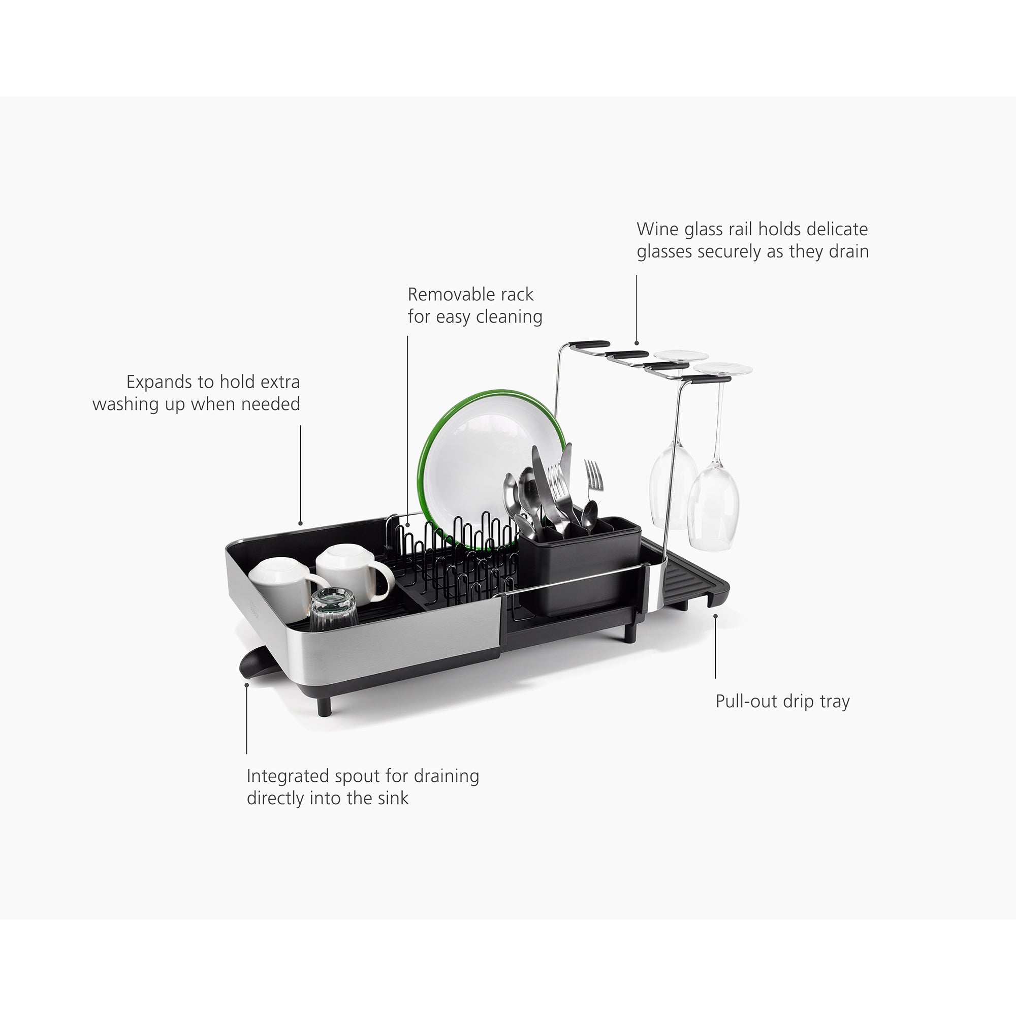 Joseph Joseph Extend™ Steel Plus Expandable Dish Drainer with Wine Glass Rack - Black (6500040)