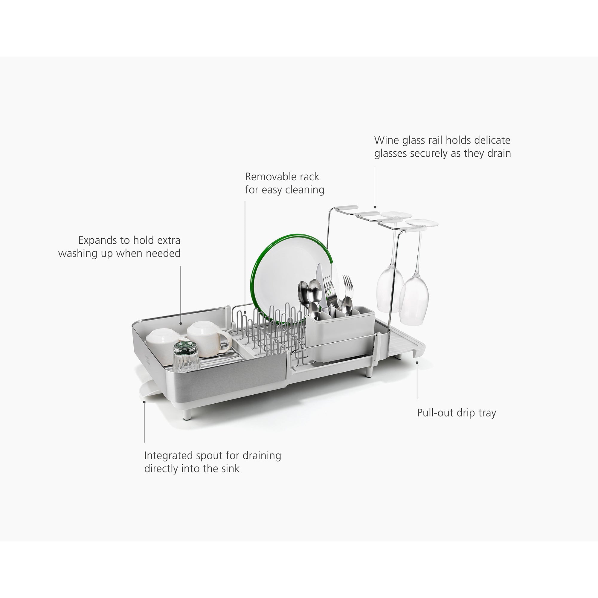 Joseph Joseph Extend™ Steel Plus Expandable Dish Drainer with Wine Glass Rack - Stone (6500041)