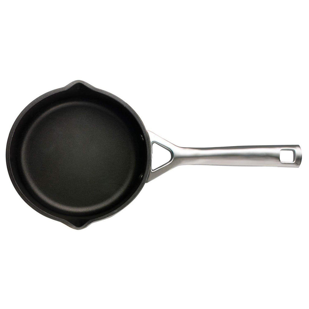 Blacksaucepan with a silver handle on a white background