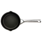 Blacksaucepan with a silver handle on a white background