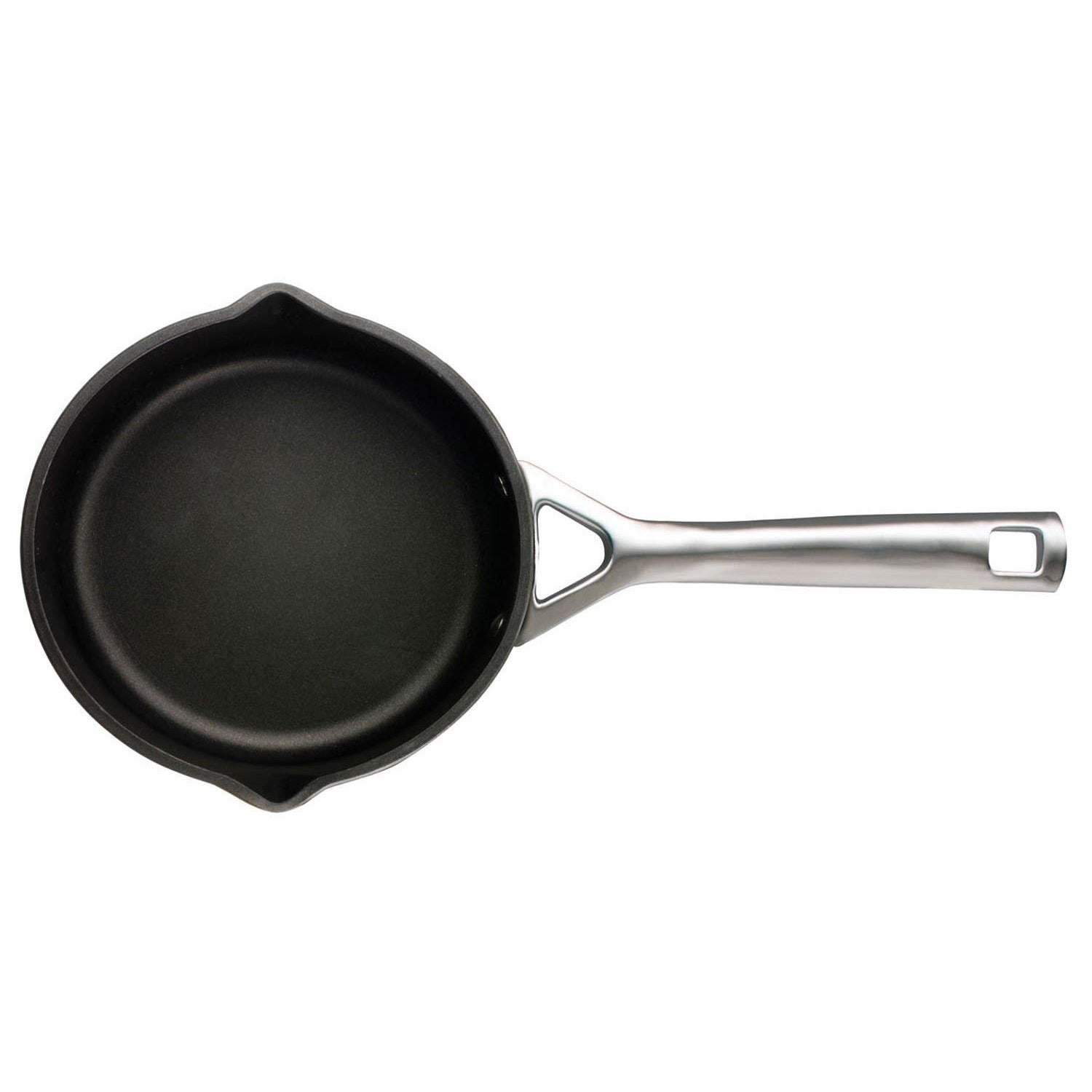 Blacksaucepan with a silver handle on a white background