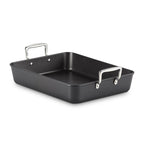 Black rectangular roasting pan with silver handles on a white background