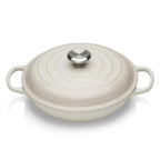 Meringue cast iron shallow casserole with a lid on a white background