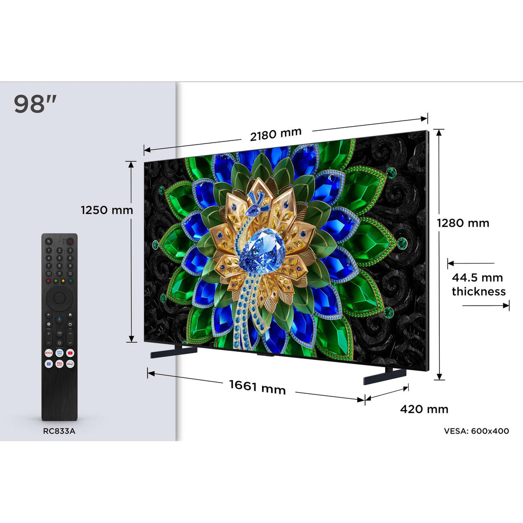 TCL 98A400U-UK 98 Inch, Ultra HD QD Mini LED Television, Google TV, Freeview HD
