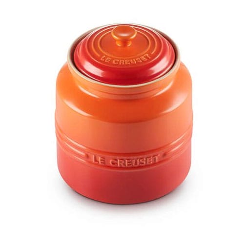 Volcanic jar with 'Le Creuset' branding on a white background