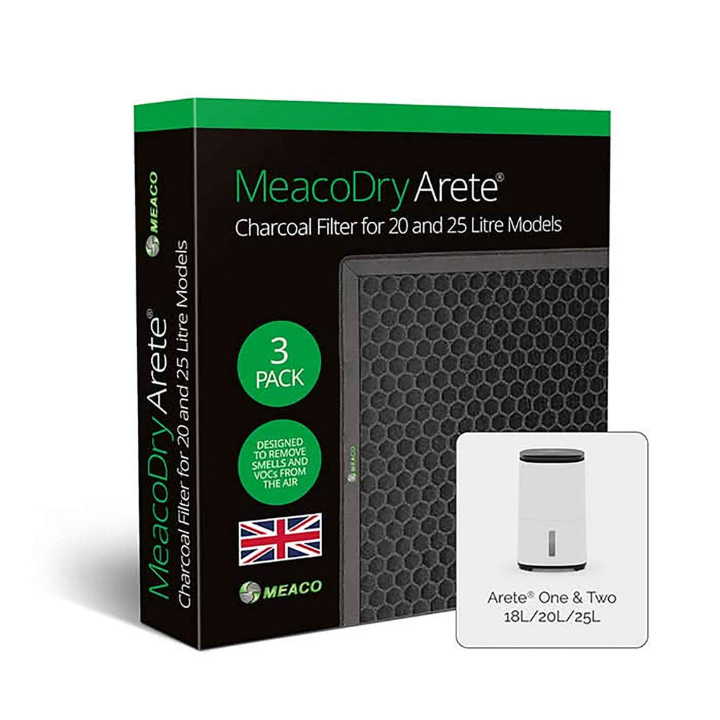 MeacoDryArete charcoal filter packaging box shown on a white background, with a small inset showing the filter unit itself. The box is black with green accents and text indicating a 3-pack for 20 and 25 litre models.