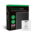 MeacoDryArete charcoal filter packaging box shown on a white background, with a small inset showing the filter unit itself. The box is black with green accents and text indicating a 3-pack for 20 and 25 litre models.