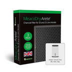 MeacoDryArete charcoal filter packaging box shown on a white background, with a small inset showing the filter unit itself. The box is black with green accents and text indicating a 3-pack for 20 and 25 litre models.
