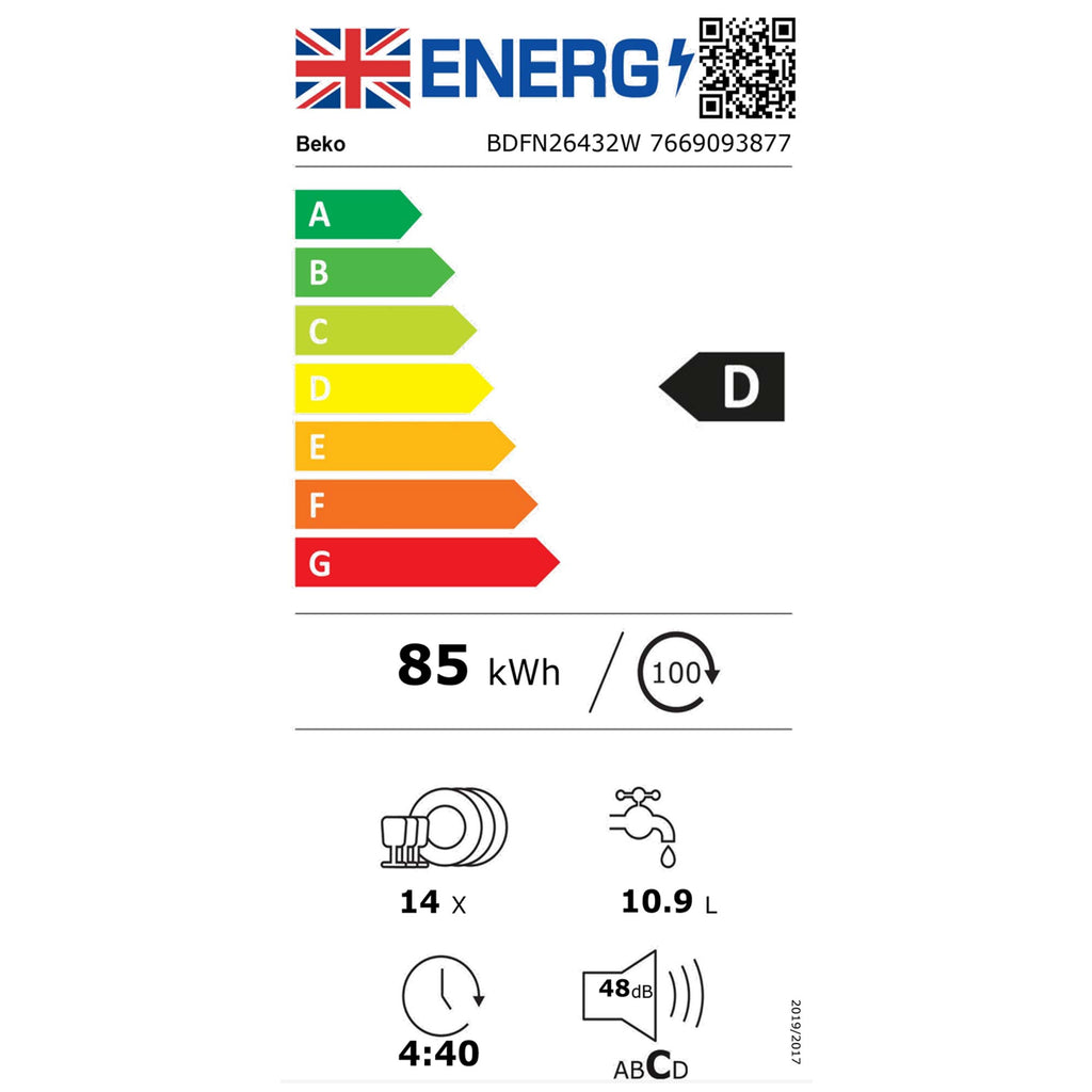 Beko BDFN26432W 14 Place Setting Freestanding Dishwasher, 60cm Wide, White