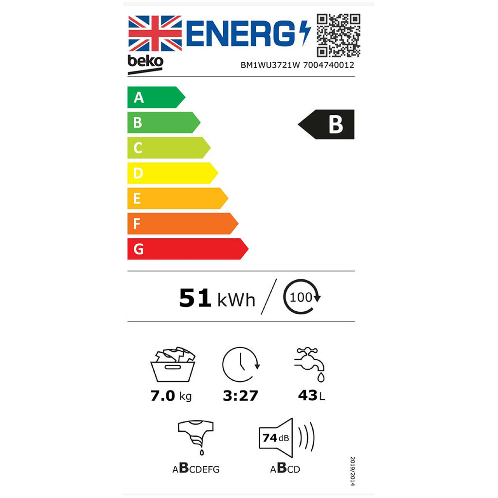 Beko BM1WU3721W 7kg, 1200 Spin, Freestanding Washing Machine with Quick Wash, White