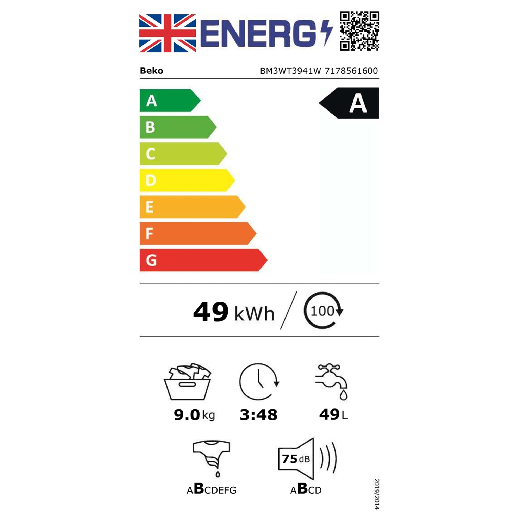 Beko BM3WT3941W 9kg, 1400 Spin, Freanding Washing Machine with Quick Wash