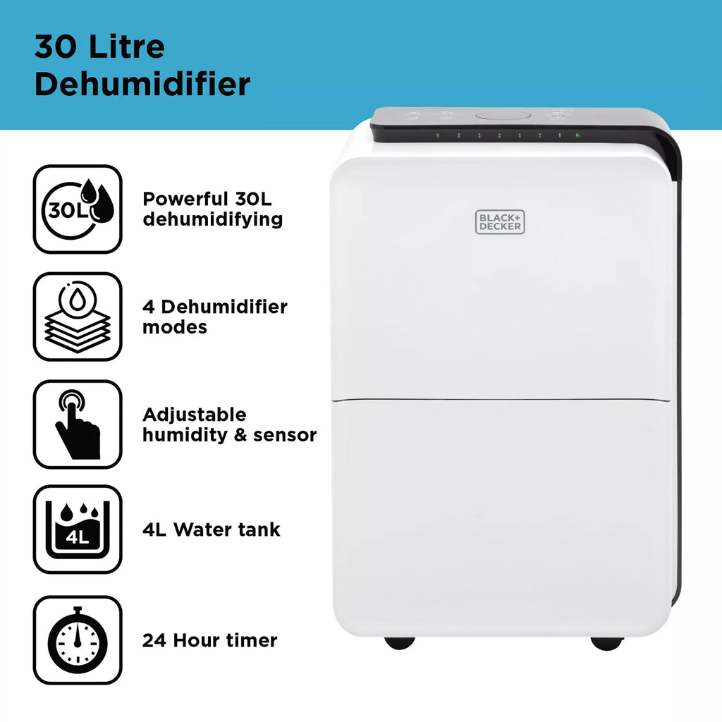 Black and Decker 30 Litre Dehumidifier with 24 Hour Timer - BXEH60008GB