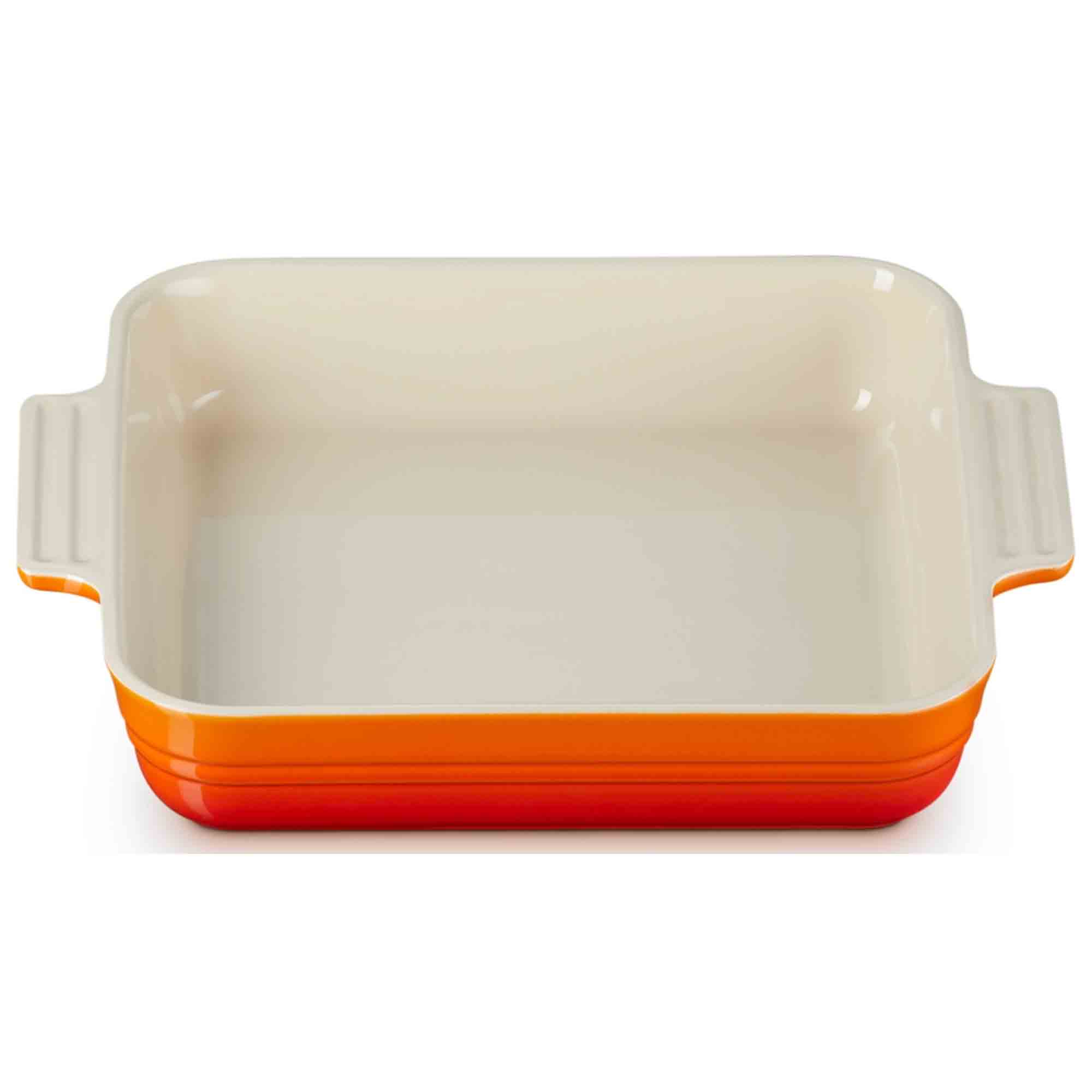 Rectangular baking dish with volcanic bottom and beige sides on a white background