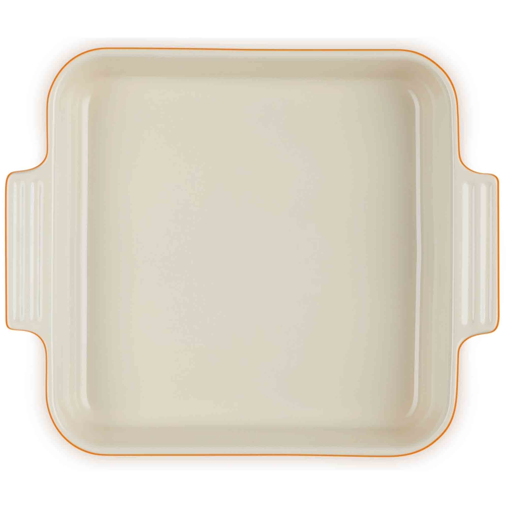 Rectangular baking dish with volcanic rim on a white background