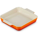 Rectangular baking dish with volcanic rim on a white background