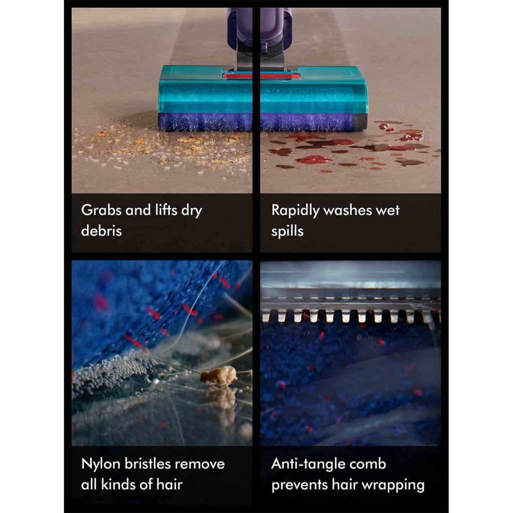 Grabs and lifts dry debris. Rapidly washes wet spills. Nylon bristles remove all kinds of hair. Anti-tangle comb prevents hair wrapping.