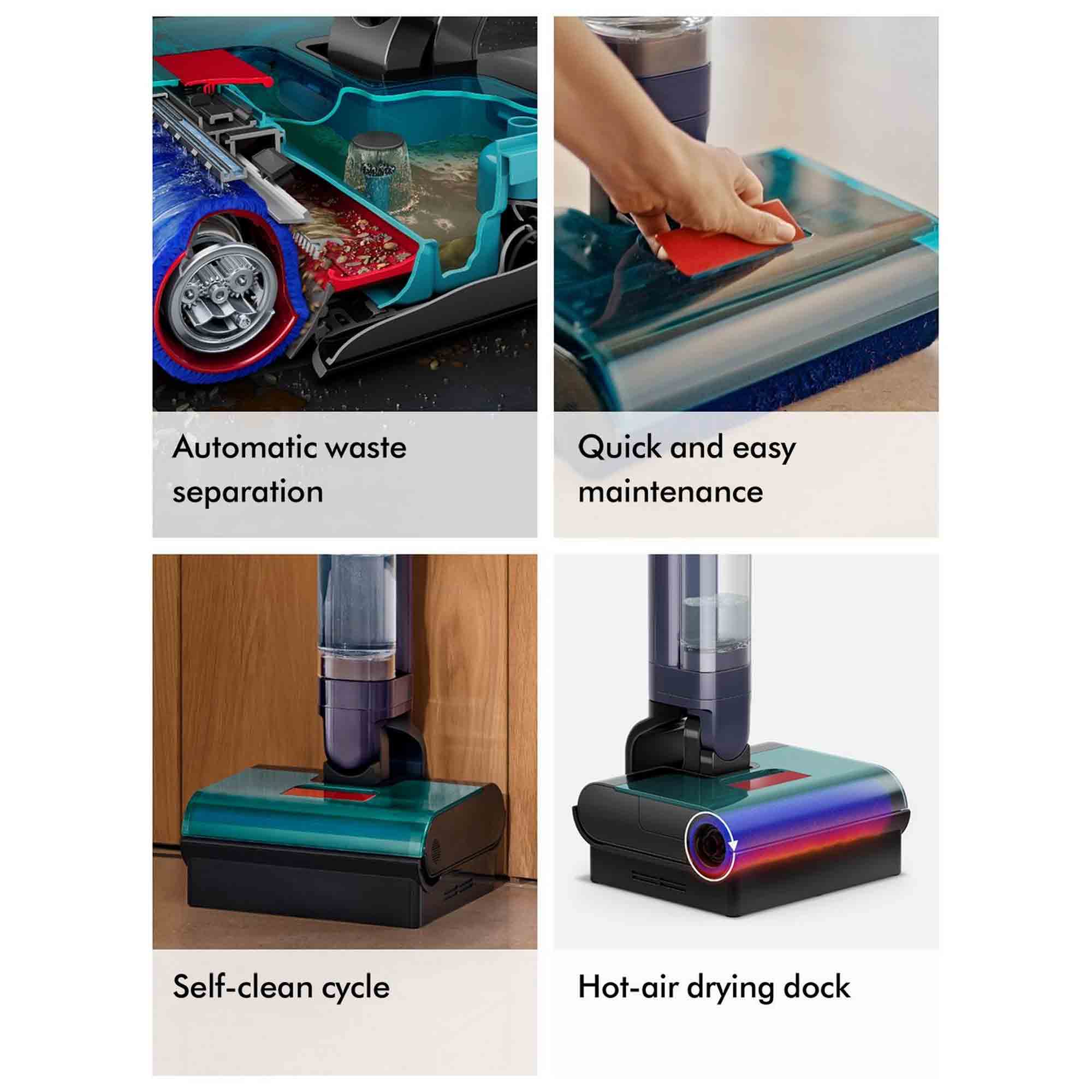 Automatic waste separation. Quick and easy maintenance. Self-clean cycle. Hot-air drying dock.