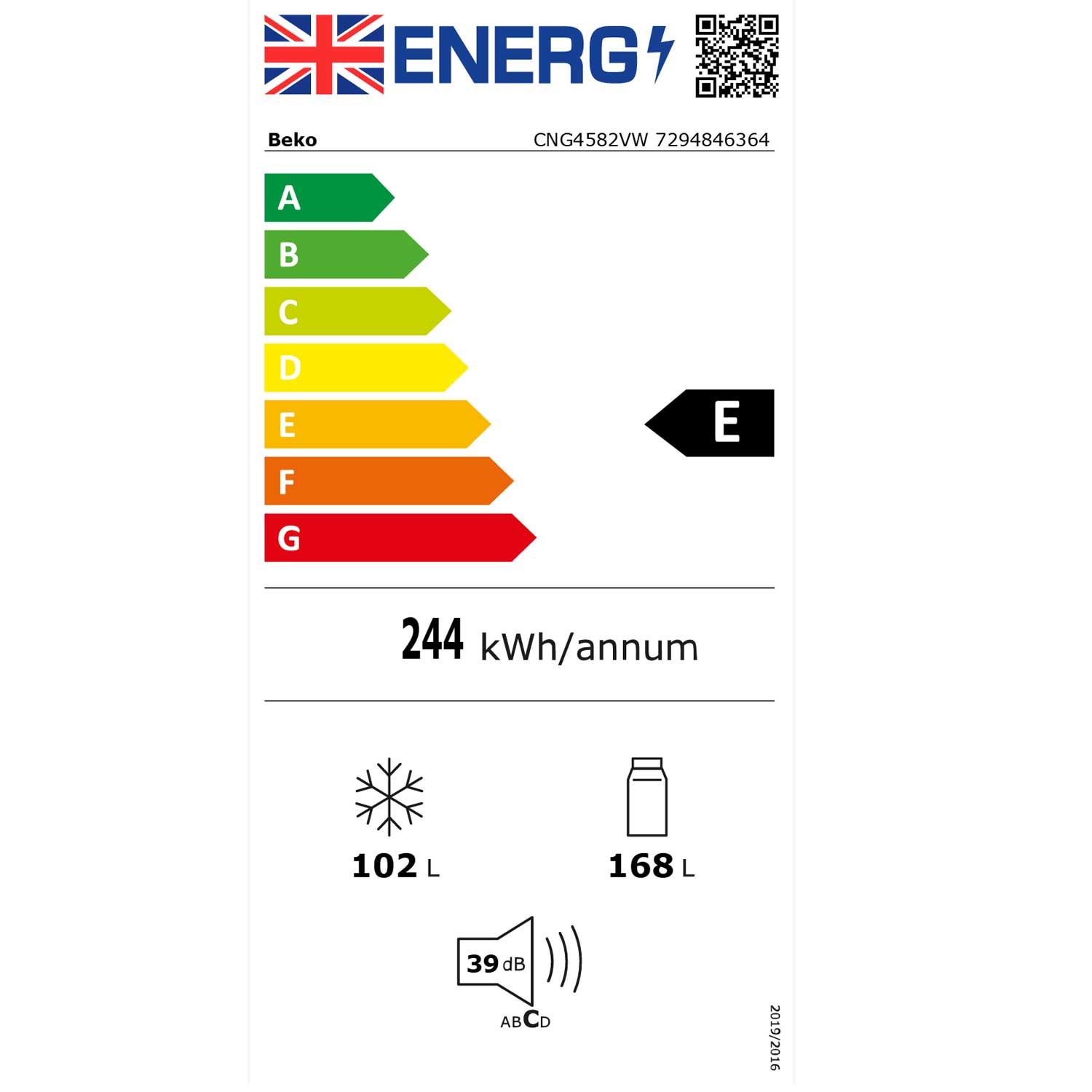 Beko CNG4582VW 182cm Tall Fridge Freezer, 168 Litre Fridge, 102 Litre Freezer, 54cm Wide, Frost Free, White