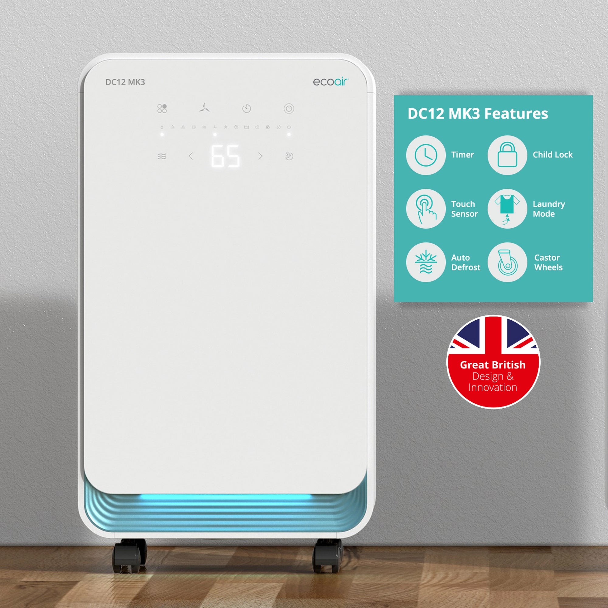 Ecoair DC12 MK3 Compressor Dehumidifier - 12 Litres per Day - White