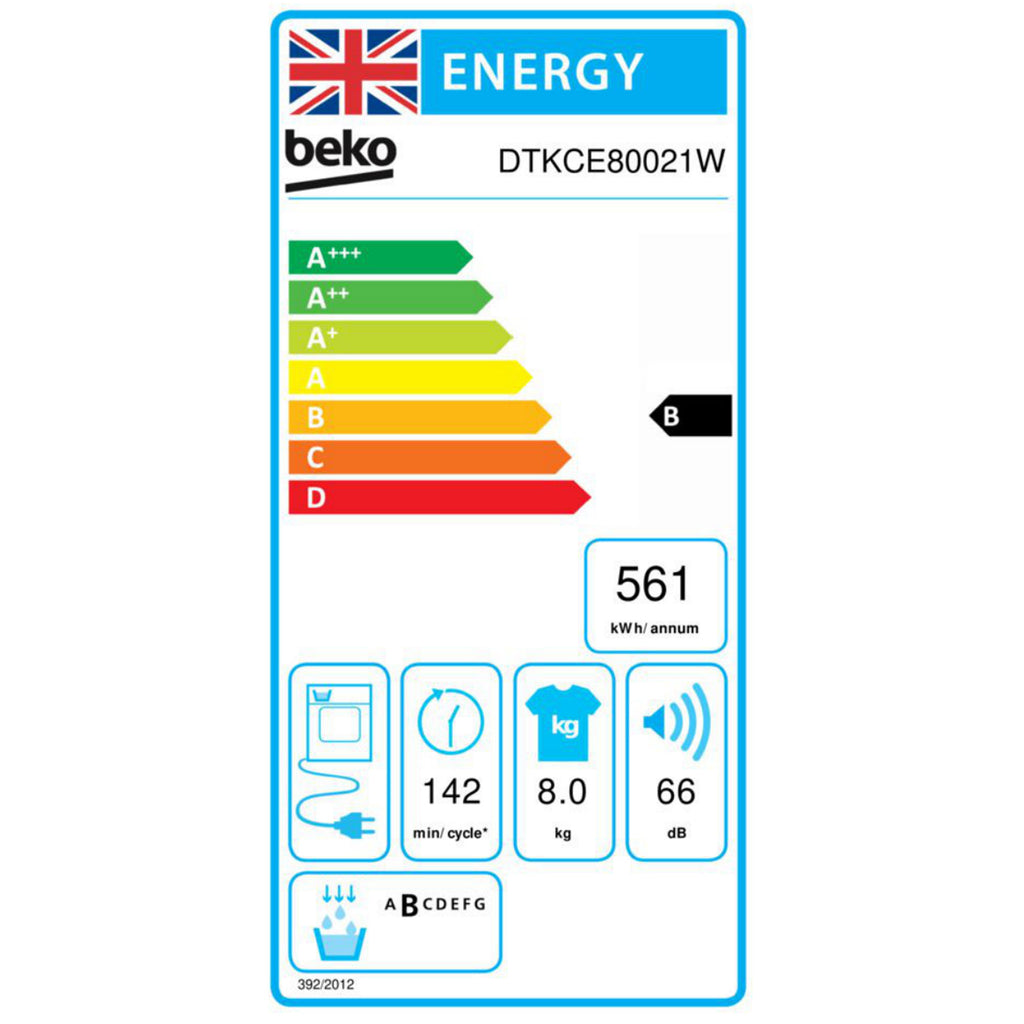 Beko DTKCE80021W 8kg, Sensor dry, Freestanding Condenser Tumble Dryer, White
