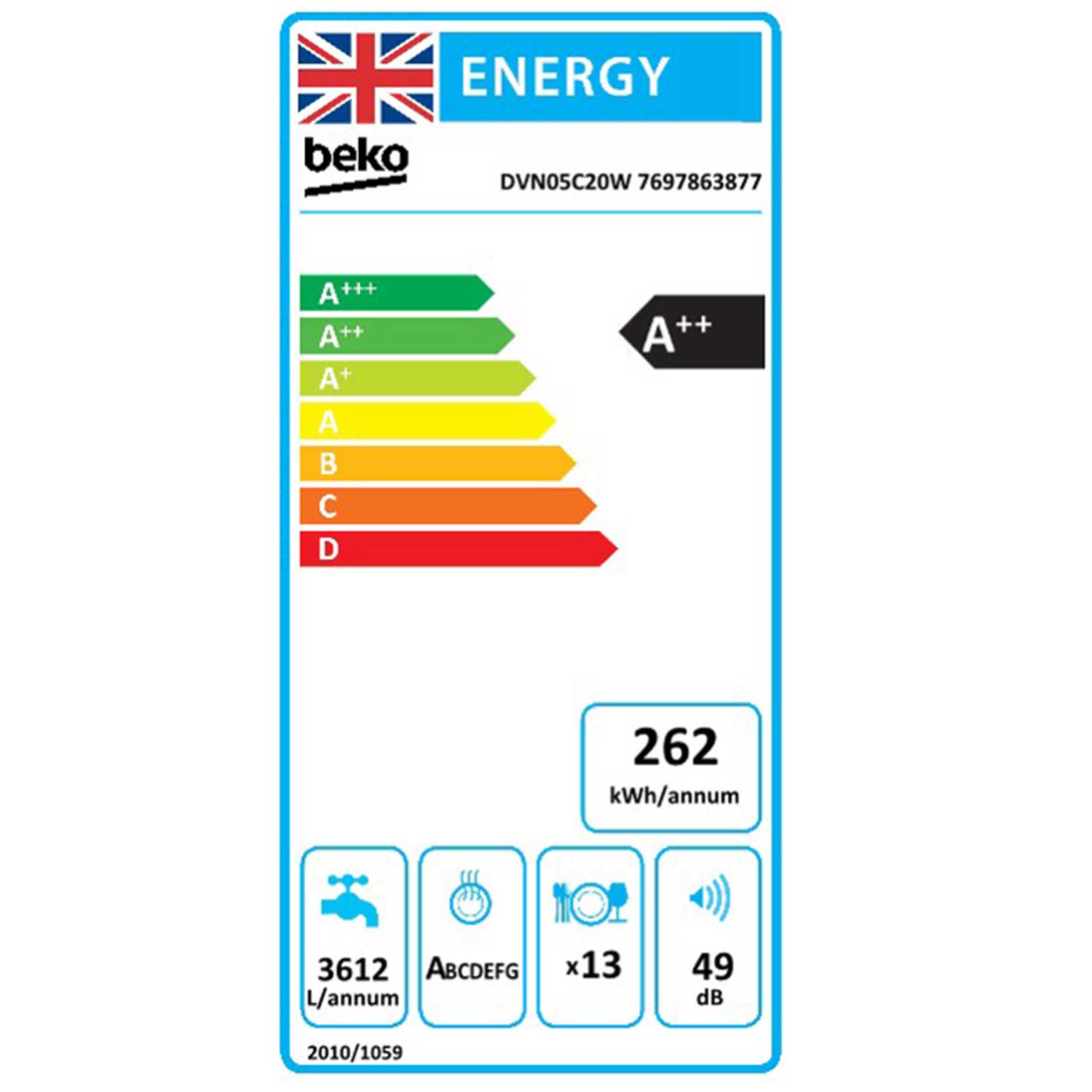 Beko DVN05C20W 13 Place Setting Freestanding Dishwasher, 60cm Wide, White