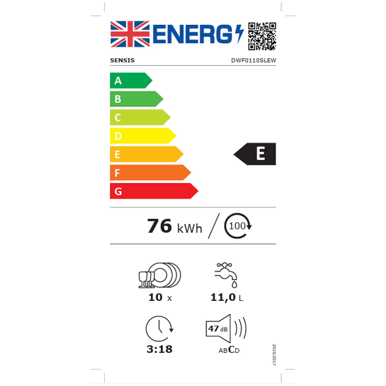Sensis DWF0110SLEW 10 Place Setting Freestanding Slimline Dishwasher, 45cm Wide, White