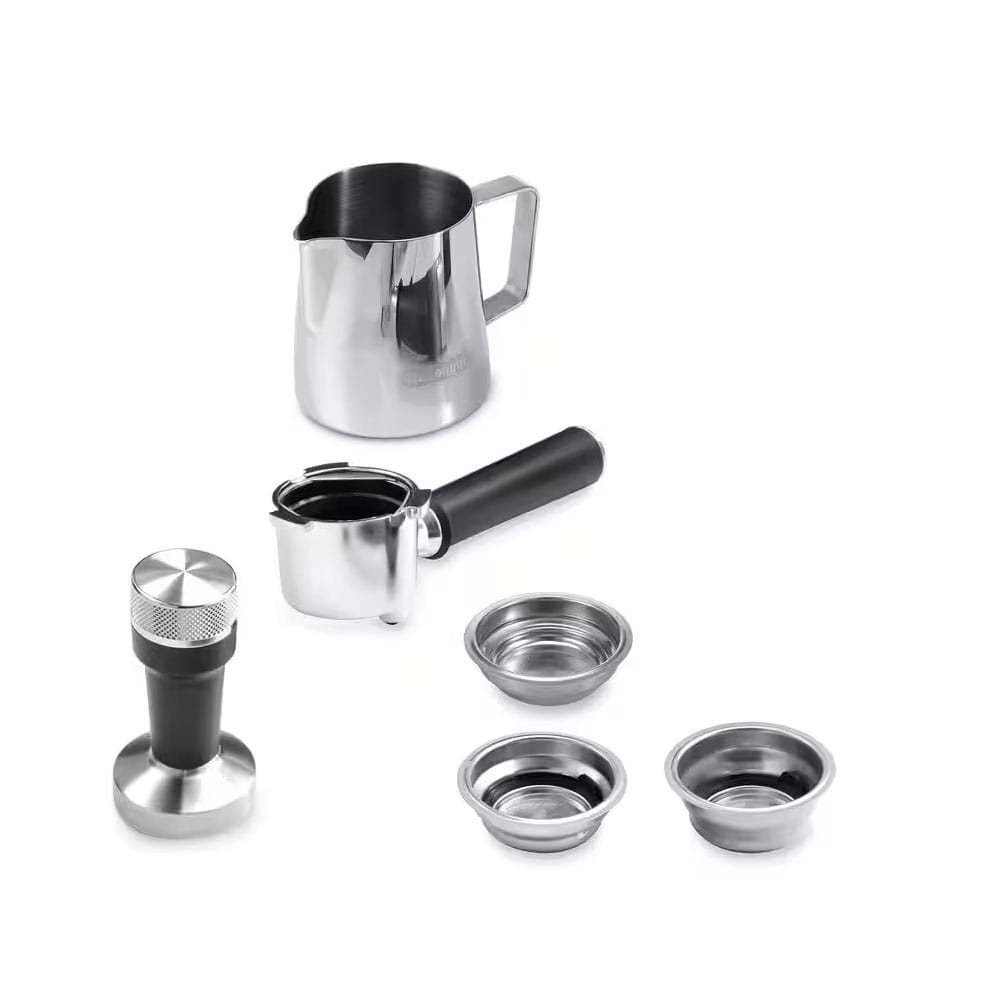 Set of EC885GY stainless steel coffee brewing tools on a white background
