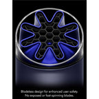 Bladeless design for enhanced user safety. No eposed or fast-spinning blades.