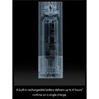 X-ray image of a device with text about battery runtime on a black background