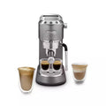 De'Longhi EC885GY espresso machine with three glass cups of coffee on a white background
