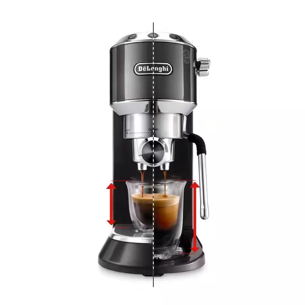 De'Longhi espresso machine shown with a split image for highlighting 2 different cup sizes.